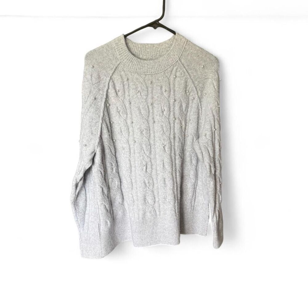 Aerie Gray Oversized Cable Knit Pearl Embellished Sweater XXS